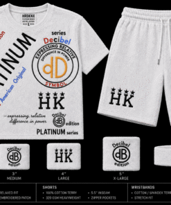 HARDKNOX Platinum Series Decibel Edition White Tee & Shorts Set & sweat band set